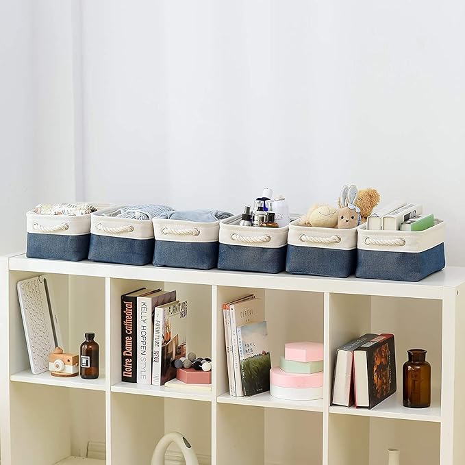 TcaFmac Organization and Storage Cubes - 12x8x5.2 inch Small 6 Pack Collapsible Storage Bins for Sheves, Fabric Storage Basket for Gifts Empty for Closet Cloth Toy Kids Books(White & Jean Blue)