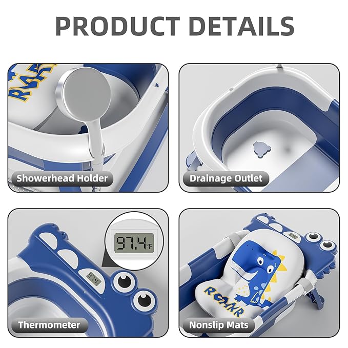 TPN Collapsible Baby Bathtub, Baby Bath Tub with Soft Cushion & Real-Time Thermometer, Baby Bathtub Infant to Toddler Tub (0-36 Months), Portable Newborn Travel Bath tub