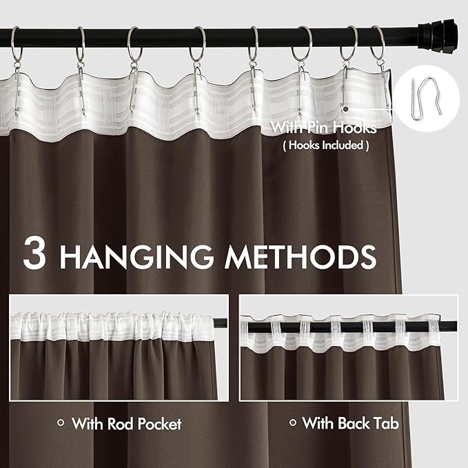MIULEE Chocolate Brown Back Tab Blackout Curtains 108 Inch Long 2 Panels Set for Bedroom, Rod Pocket/Pinch Pleat Extra Long Thermal Insulated Living Room Darkening Pleated Light Blocking Drapes