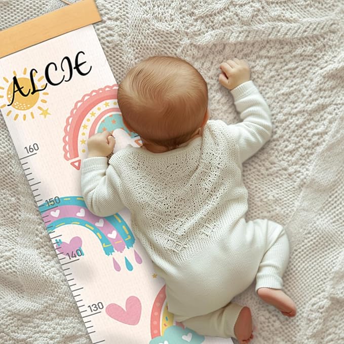 Personalized Name Growth Chart Wall Decor for Kids – Canvas Removable Height Chart Measuring Ruler 59" x 7.9" (Rainbows)
