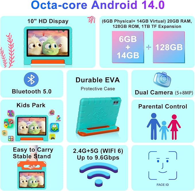 2025 Kids Tablet 10 inch Android 14 Tablets for Kid Octa-Core, 20GB+128GB (TF 1TB), Toddler Tablet with Shockproof Case, 2.4G+5G WiFi 6, Parental Control, Face Unlocked, Split Screen, BT5.0 (Green)