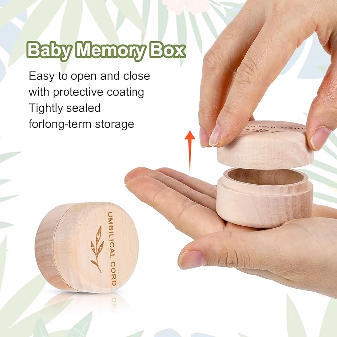 Umbilical Cord Memorial Box Engraved Wooden Round Newborn Wood Case Baby Keepsake Tooth Box Fetal Hair Memorial Storage Container Carved Baby Fetal Hair Case for Babys Shower Pregnancy Christen Gift