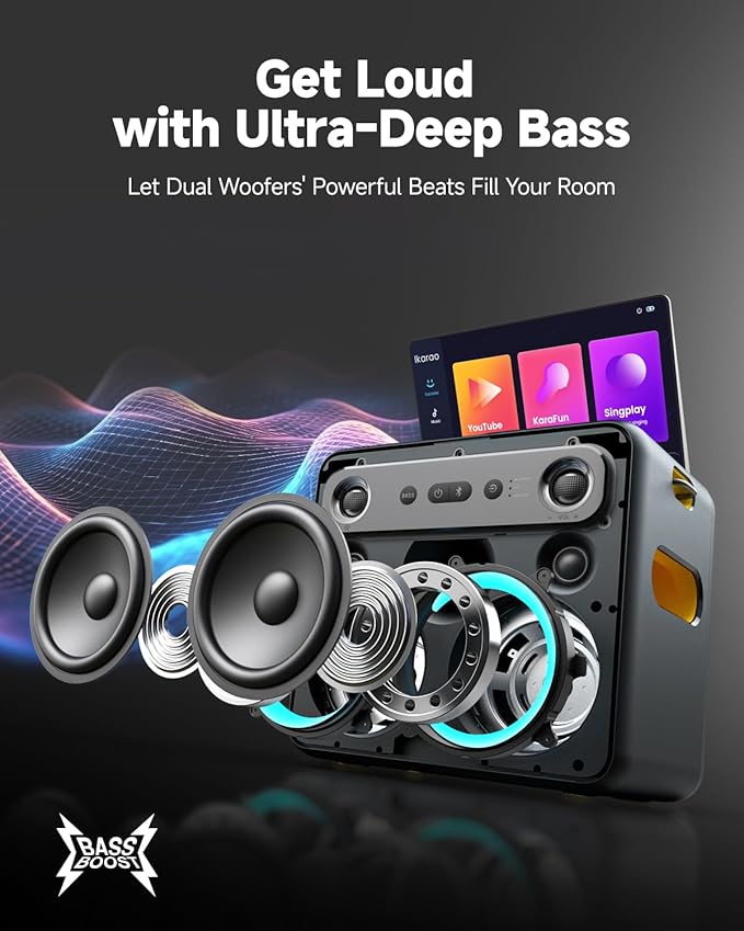 Karaoke Machine with Microphone Stand, Portable Bluetooth Speaker for Party, Backyard, Karaoke System with 2 Wireless Microphone for Adults Kids, for Women, Men, Singing Lovers