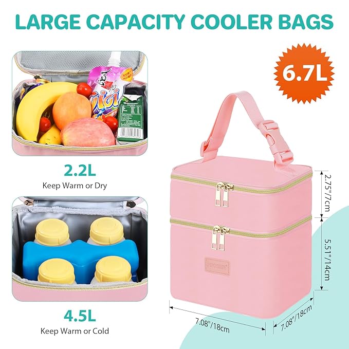 PIIOSER Breast Milk Storage Cooler Bag with Ice Pack, Fits 4 Baby Bottles Up to 5 Ounce, Small Insulated Breastmilk Cooler Travel Bag with Handle Buckle for Nursing & Working Mom Daycare(Pink-XS)
