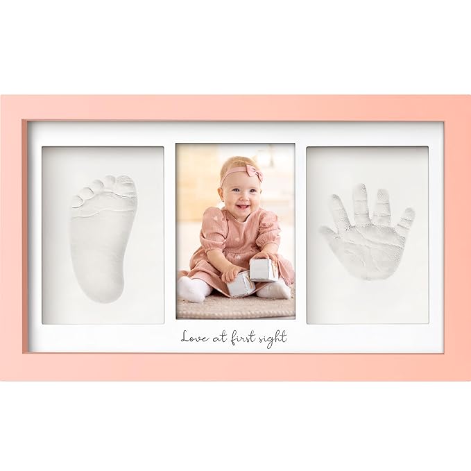 Baby Hand and Footprint Kit - Clay Handprint Keepsake Frame, Newborn Nursery Picture Frame, Personalized New Mom Gifts for Baby Shower & Registry (Sweet Pink)