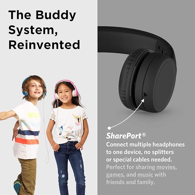 LilGadgets Connect+ Wired Kids Headphones for School with Mic, Volume Limited & Noise Reduction, On-Ear Headset with Cord, SharePort Technology for Multiple Kids & SoftTouch Padding, Black