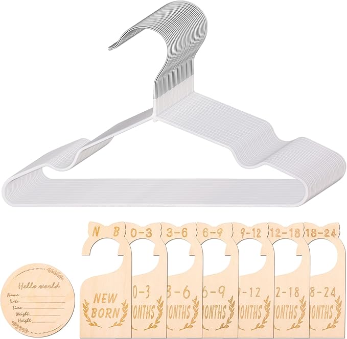 8Pcs Wooden Baby Closet Dividers for Baby Clothes Organizer, and 30Pcs Baby Hangers, Baby Closet Organizer Baby Clothes Dividers for New Mom Dad Parents, 0-24 Months, Large, SL0058