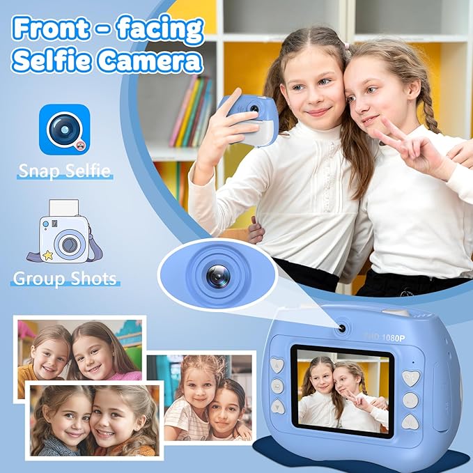 Instant Print Camera for Kids - Front Rear Dual Selfie Kid Print Camera, Fun Birthday Gift for Boys Ages 3-12, HD Digital Video Cameras, Easy to Use for Toddler - Blue