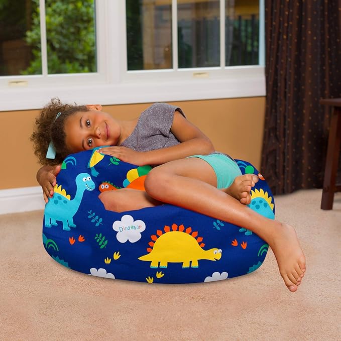 Posh Creations Bean Bag Chair for Kids, Teens, and Adults Includes Removable and Machine Washable Cover, Canvas Dinos on Blue, 27in - Medium