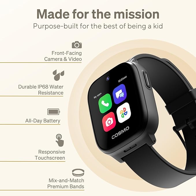 JrTrack 5 Kids Smart Watch by Cosmo | Best Kid-Safe Phone Watch | Precision Real-Time GPS Tracking | Call, Text, Activity, School Settings | Spotify Music | Parental Controls | SOS & Safety Alerts