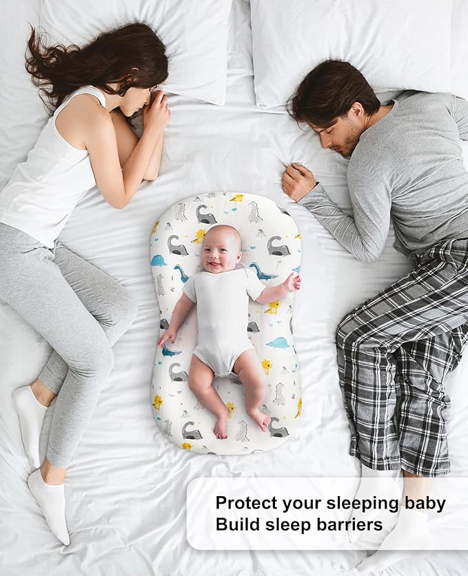 Muslin Baby Lounger Cover for Snuggle Me Organic Lounger/Baby Lounger/Organic Cotton Handmade Cover for Infant/Toddler Lounger/Nursing Pillow(White with Dinosaur, Wheat)