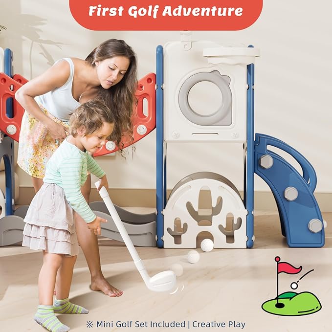 KORIMEFA 10 in 1 Toddler Slide Set, Kids Slide for Toddlers, Outdoor Indoor Playground for Toddlers 1-3, Toddler PlaySet with Basketball Hoop and Ball Golf Set, Climbing Arch(Red & Blue)