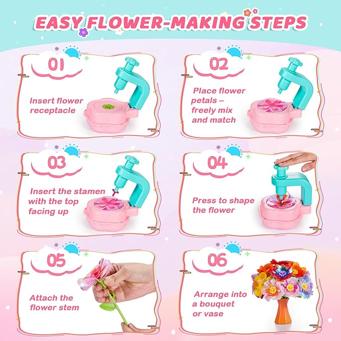 Flower Bouquet Craft Kit for Girls - Arts & Crafts Gift for 4 5 6 7 8 9 Year Old Girls, DIY Flower Making Toy Kit for Kids, Mess-Free Fun & Educational Activities for Preschool Kids, Birthday Gift
