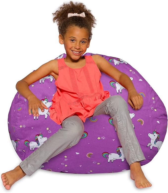 Posh Creations Bean Bag Chair for Kids, Teens, and Adults Includes Removable and Machine Washable Cover, 38in - Large, Canvas Unicorn and Rainbows on Purple