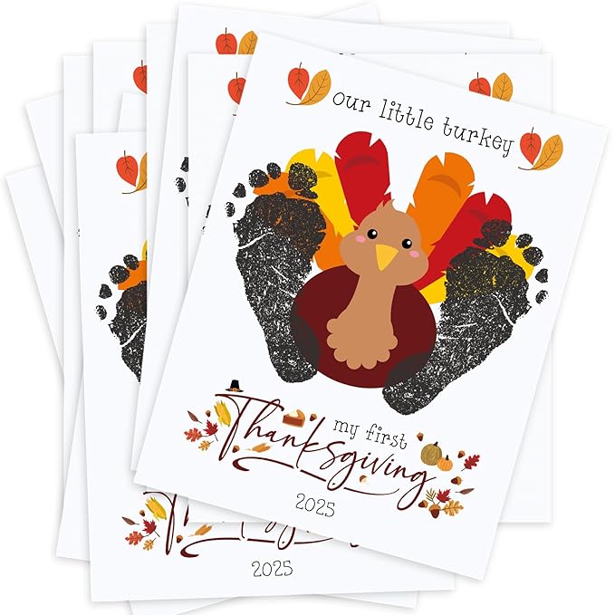 My First Thanksgiving Foot Print Kit for Baby, DIY Baby Keepsake Gifts, 10 Cute Turkey Cards, Supplies for Thanksgiving Party Games, Make Your Own Thank You Greeting Cards Gifts for Mom and Dad, 02