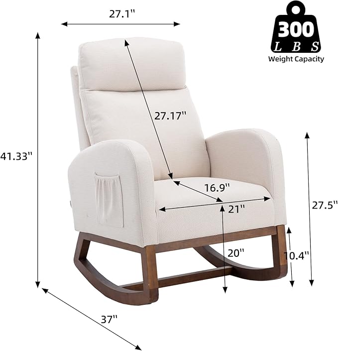 Dolonm Nursery Rocking Chair for Living Room, Upholstered Mid-Century Modern Nursery Rocking Armchair Tall Back Accent Glider Rocker, Beige