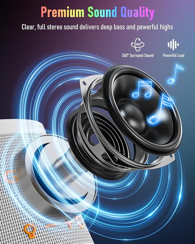 Portable Bluetooth Speaker Wireless with 9 Color Lights, 20H Playtime, Stereo Pairing, Deep Bass, IPX6 Waterproof, Bluetooth 5.3, Small Speaker for Home, Party, Outdoor, Camping, Beach, Gift