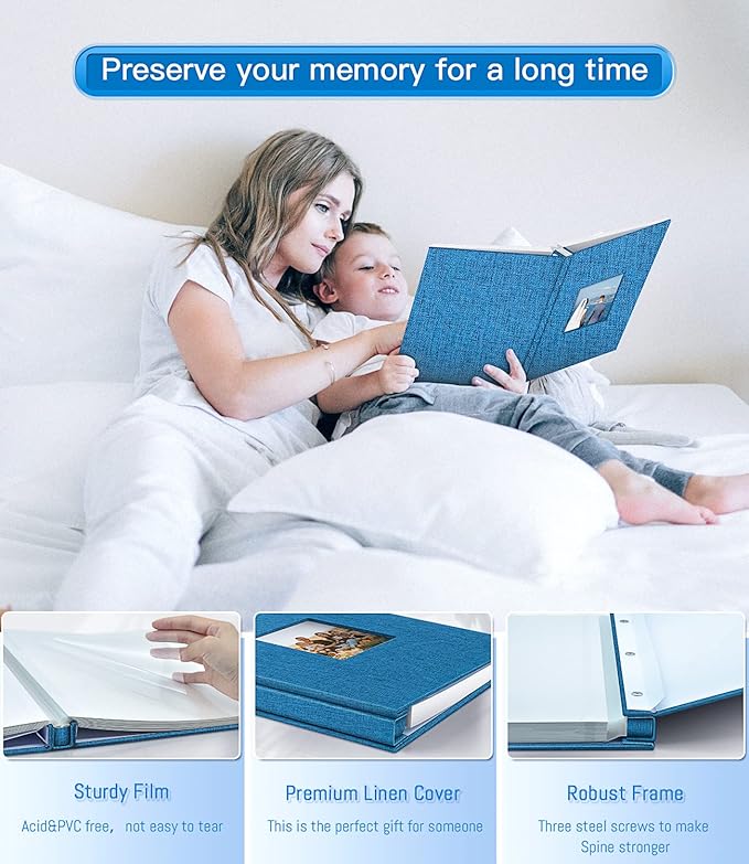 popotop Photo Album Self Adhesive with Picture Display Window,60 Pages DIY Scrapbooking Supplies Kit for 4x6 10x12 Picture,Linen Cover Memory Book for Baby Wedding, with Scraper and Metallic Pen