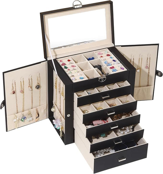 BOOVO Jewelry Box For women, 6 Layer Large Jewelry Organizer With Mirror, Multi-Function Storage Box With Lock, Accessory Holder With 5 Drawers, For Earrings Necklace Ring Bracelet (Black)