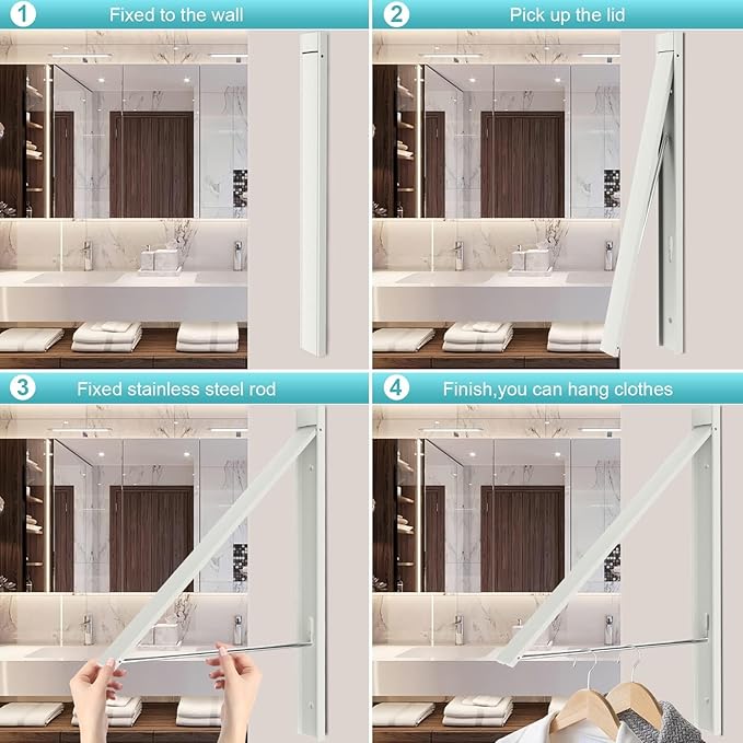Wall Mounted Drying Rack - No Drill Installation, Space Saving Foldable Clothes Rack for Laundry Room, Dorm, Apartment,RV, Closet. Heavy Duty & Rustproof Aluminum Alloy (White)
