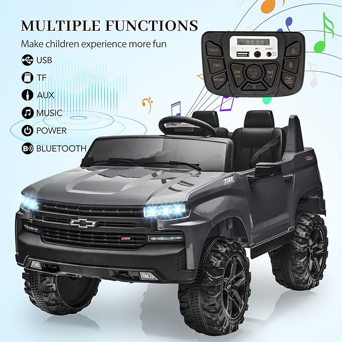 Hetoy 24V 2-Seater Truck Licensed Chevrolet Silverado Ride On Car Toy w/Parent Remote Control,4xSpring Suspension, 3 Speeds, Wireless Music, MP3 Player, Electric Vehicle Car for Kids,Grey