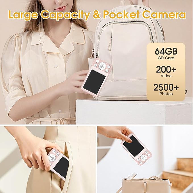 4K Digital Camera for Teens, FHD 64MP Digital Camera for Kids with 64GB SD Card, 18X Digital Zoom Cameras for Photography, Point and Shoot Video Camera for Kids, Pink