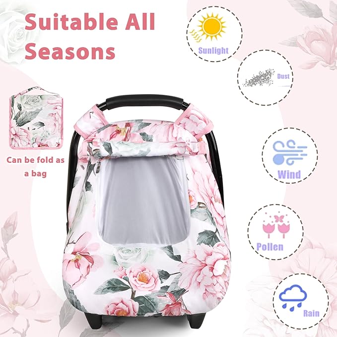 Pea Pod Car Seat Cover for Baby Girls, Floral Infant Car Seat Canopy Cover for Newborn, with 2 Layers Windows of Breathable Mesh/Fabric, 3D Minky Dot Backing, Ultra Soft & Comfortable