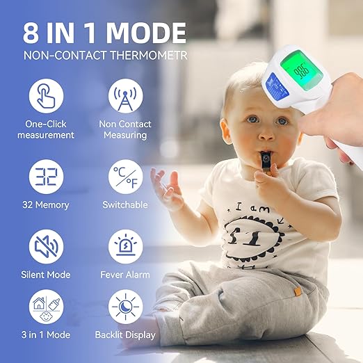 Berrcom Non Contact Forehead Thermometer Digital No-Touch Infrared Thermometers 3 in 1 for Adults and Kids Fever Check Thermometer Temperature Gun for Baby(Included 2X AAA Batteries)