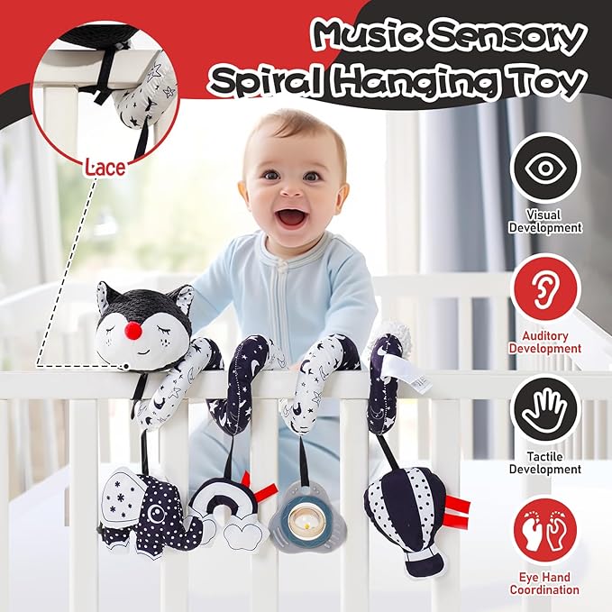 Jollybaby Crib Stroller Car Seat Toys for Baby 0-3-6-9-12 Months, Tummy Time Hanging Sensory Toys for Newborn with Music Box and Teether, Spiral Carseat Toy for Infant Boy Girl Gift (Black and White)