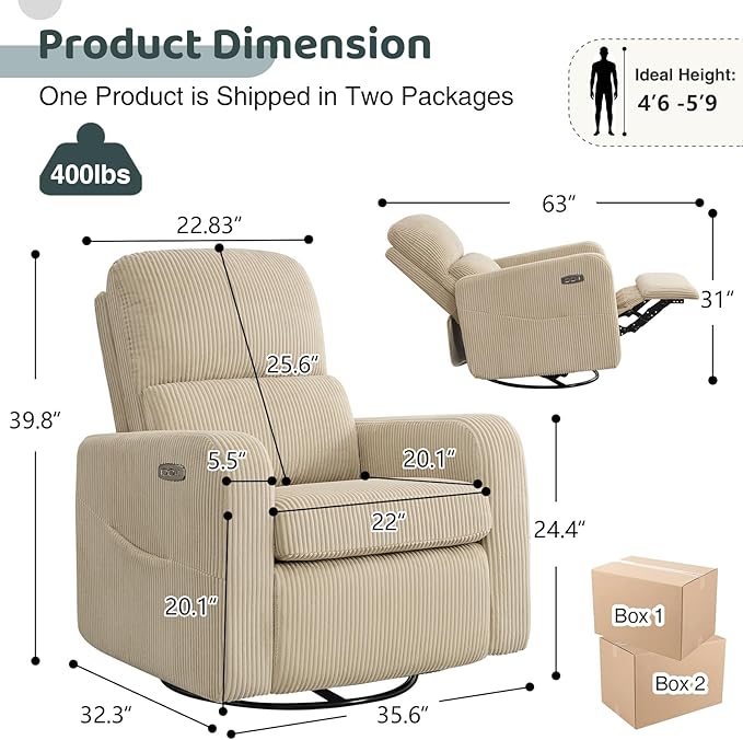 Swivel Rocker Recliner, Oversized Power Recliner Nursery Glider with Removable Cushion, Upholstered Swivel Reclining Chairs for Nursery Living Room Bedroom, Corduroy Camel