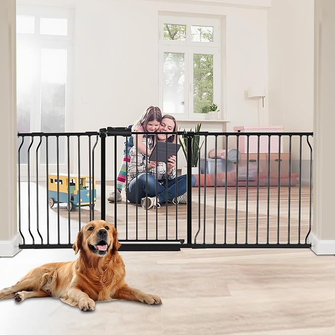 HOOEN 30" Tall Extra Wide Baby Gates for Doorways Stairs 76 to 86 in Large Long Pressure Mounted Pet Dog Gate Metal Tension Indoor Child Safety Gates with Extension Kits