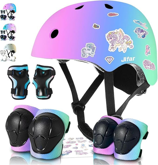 Adjustable Kids Bike Helmet with Knee & Elbow Pads Set, Color Gradient Design for Boys and Girls Aged 3-14+, for Skateboarding, Scooter, Roller & Inline Skating, Longboard