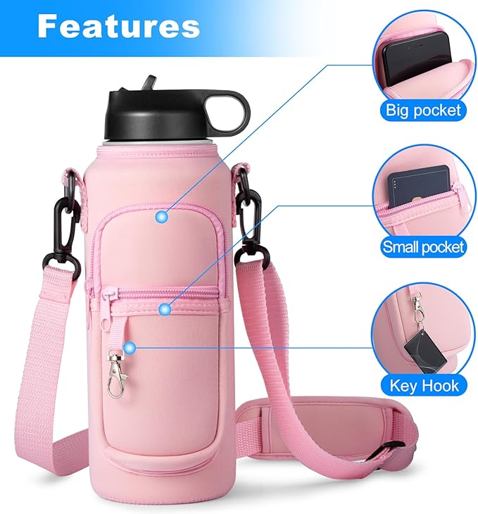 Water Bottle Holder with Strap for Hydroflask 32oz 40oz, Carrier Sling Bag with Phone Pocket Sleeve for Men Women Hiking Camping Travelling（Pink 40oz）