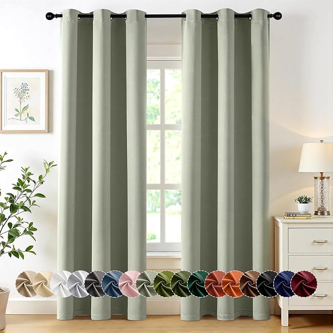 MIULEE Sage Green Blackout Curtains for Bedroom Living Room 72 Inches Long 2 Panels, Thermal Insulated Drapes Solid Grommet Top Noise Reducing Light Green Window Treatments Set W40 x L72 Inch
