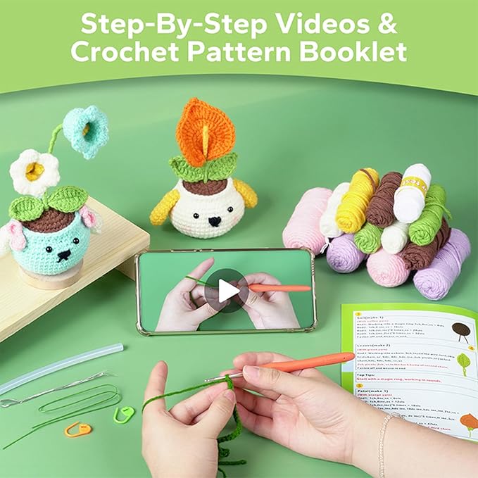RoseFlower Crochet Kit for Beginners, 4 Pack Potted Plants Crochets Starter Kits with Step-by-Step Video Tutorials, DIY Craft Knitting Crochet Animals Set for Kids Adult