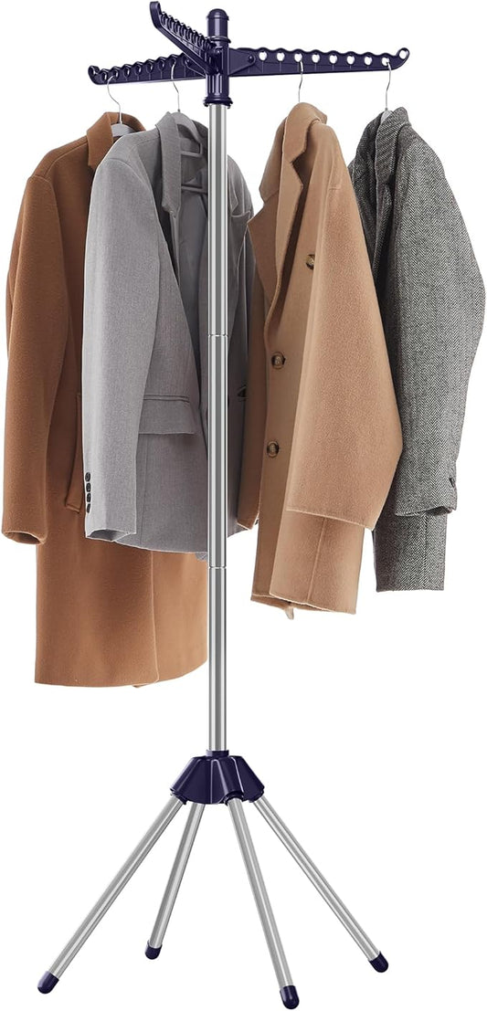 SONGMICS Clothes Drying Rack, 59-Inch High Folding Laundry Drying Rack with 3 Rotatable Arms for Hangers, 4 Legs, Stainless Steel, for 27 Pieces of Clothes, Blue and Silver ULLR510Q01