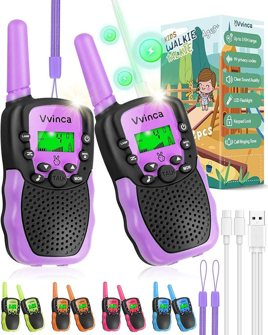 Vvinca Walkie Talkies for Kids, Rechargeable Walkie Talkie 2 Pack Toy Gift for 3-12 Year Old Girl Boy with 22 Channel 2 Way Radio Flashlight 3 Mile Long Range for Adventure Game Camping Outdoor