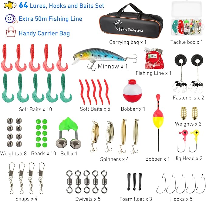 Kids Fishing Pole Kit, 59'' Telescopic Rod and Reel Beginner Combo with Spincast Reel,Tackle Box, Carrier Bag,Fishing Gear for Boys,Girls, Toddler,Youth