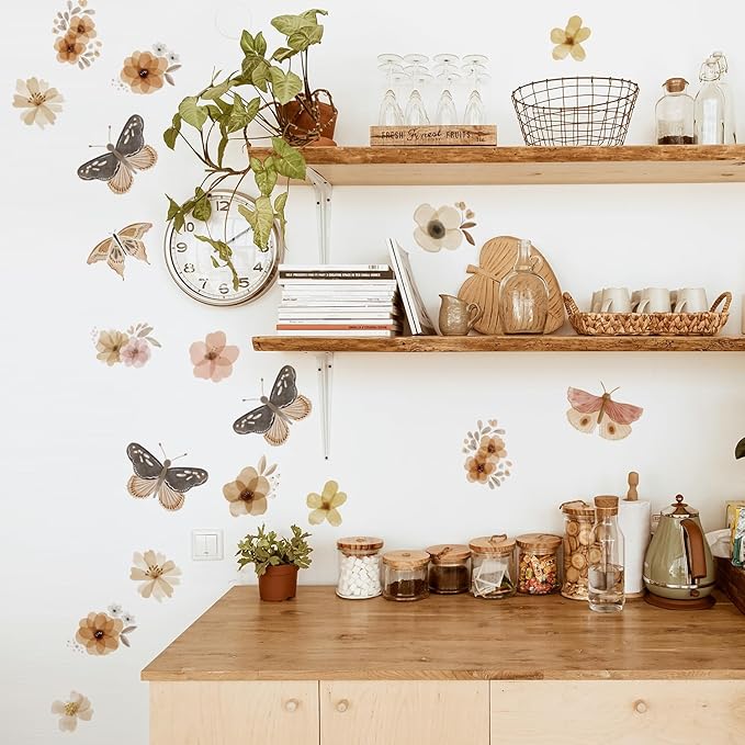 YouRfocus Butterfly and Flower Wall Decals – 72 Decals, Removable Floral Wall Stickers for Bedroom, Nursery, Girls Room, Boho Nature Decor, Reusable Home Decoration (12 Sheets)