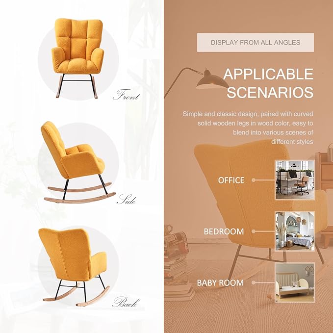 Nursery Rocking Chair, Teddy Upholstered Glider Rocker with High Backrest Armchair, Modern Rocking Accent Chairs for Nursery, Living Room, Bedroom, Offices (Yellow)