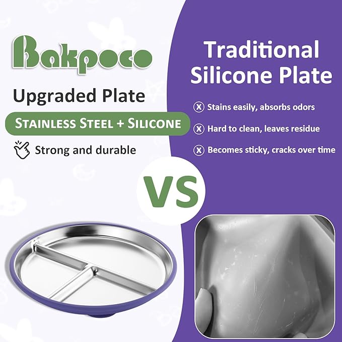 Stainless Steel Suction Plates for Toddlers, 9" Divided Kids Baby Plates with Removable Silicone Suction, Non Toxic Non Slip Portion Control Snack Dishes 4 Packs, Blue Green Purple Beige
