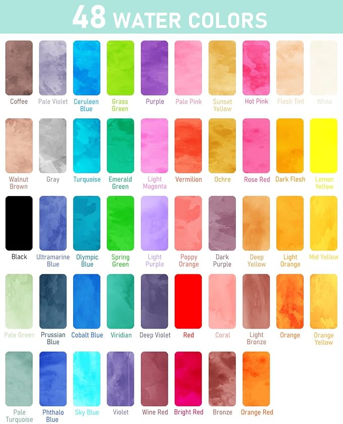 Nicpro Watercolor Paint Set, 48 Water Colors Kit with 3 Painting Brushes, Palette, Watercolor Pen, Non-toxic Painting Supplies for Kids, Adults, Students, Beginners and Artists