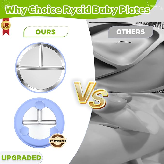 3-Pack Stainless Steel Baby Plates with Suction, BPA-Free Stainless Steel Kids Plates, 9” Divided Toddler Plate for Dishwasher Safe, Non-Slip Silicone Base, Detachable (Blue, Green, Purple)