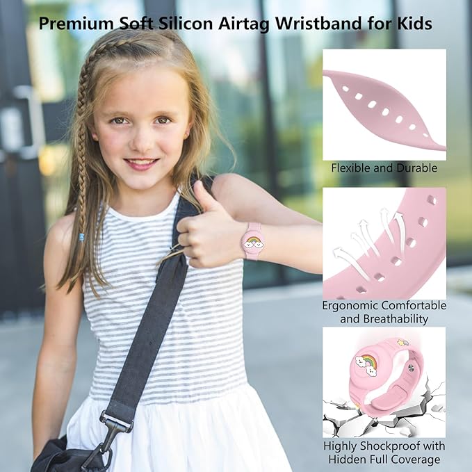 for Airtag Wristband Kids Waterproof,Silicon Cute Rainbow Cartoon Hidden Airtag Bracelet Kids,Anti-Lost Apple Airtag Holder Case for Child,Watch Band Tracker Airtag Case for Toddler-Pink