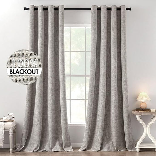 MIULEE 100% Blackout Linen Textured Curtains for Bedroom Solid Thermal Insulated Warm Taupe Grommet Room Darkening Curtains & Drapes Luxury Decor for Living Room Nursery 52 x 120 Inch (2 Panels)