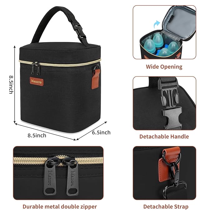 Mancro Breastmilk Cooler Bag Travel, Fits 4 Baby Bottles Up to 9 Ounce, Baby Bottle Bag with Ice Pack, Insulation Breast Milk Cooler Travel, Black