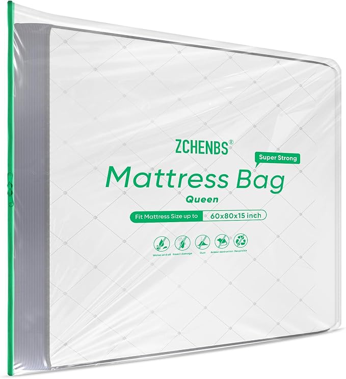 ZCHENBS® – Mattress Bags for Moving and Storage,Mattress Bag with Zippers,5 Mil Ultra-Thick Bed Bag,Waterproof,Anti-Tear,Heavy-Duty Mattress bag (Tansparent/Green, Green-Queen-(2 Pack))