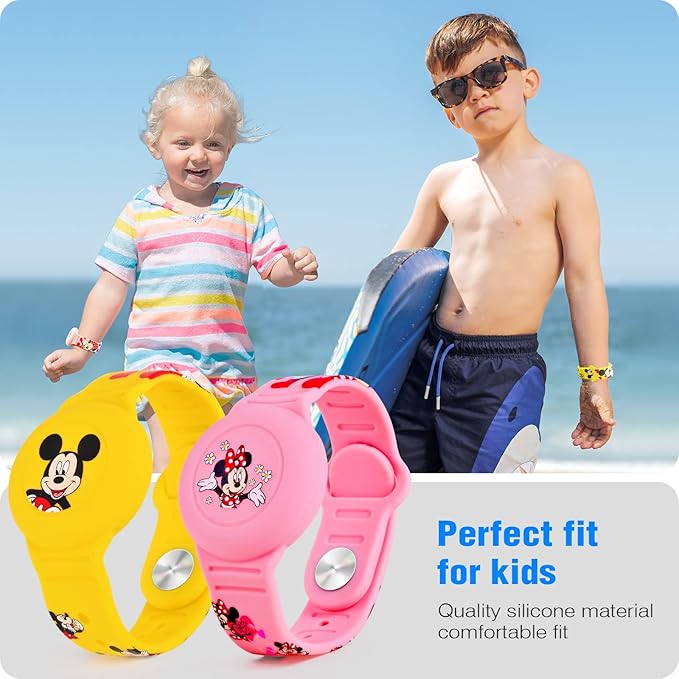 Waterproof AirTag Bracelet for Kids [2 Pack], Cute Cartoon Airtag Holder for Kids with Full Coverage Hidden Design, Silicone Airtag Wristband for Child, Healthy Material Pink + Yellow