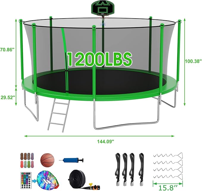 SKYUP Tranpoline 1500LBS 16 15 14 12 10 8 FT Tranpoline for 7-10 Kids and Adults, Windproof Outdoor Tranpoline with Enclosure Net, Basketball Hoop, Easy to Install & Last Long - ASTM Approved