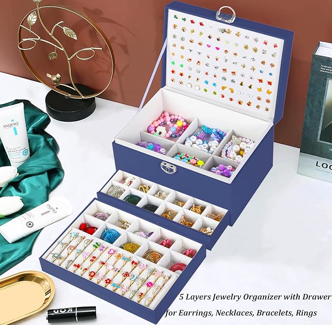 Earring Jewelry Box for Women Girls Stud Organizer, 5 Layers Navy Jewelry Organizer Box With Lock Earring Holder Organizer Ring and Necklace Jewelry Box with Earrings Holder for Women Girls